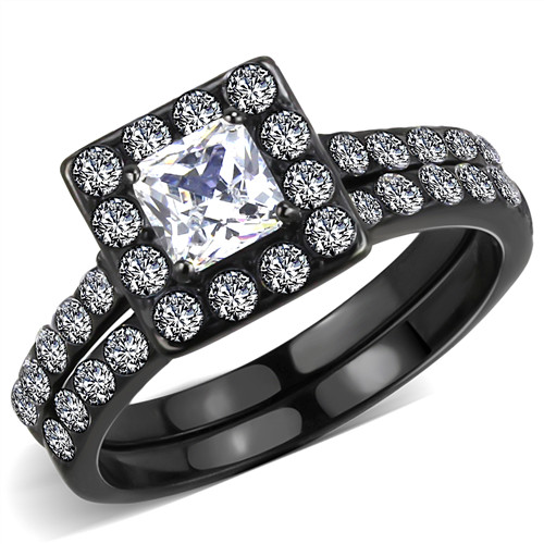 Women’S 1Ct Princess AAA Grade Cubic Zircon CZ Black Ip Wedding Set Tk3458