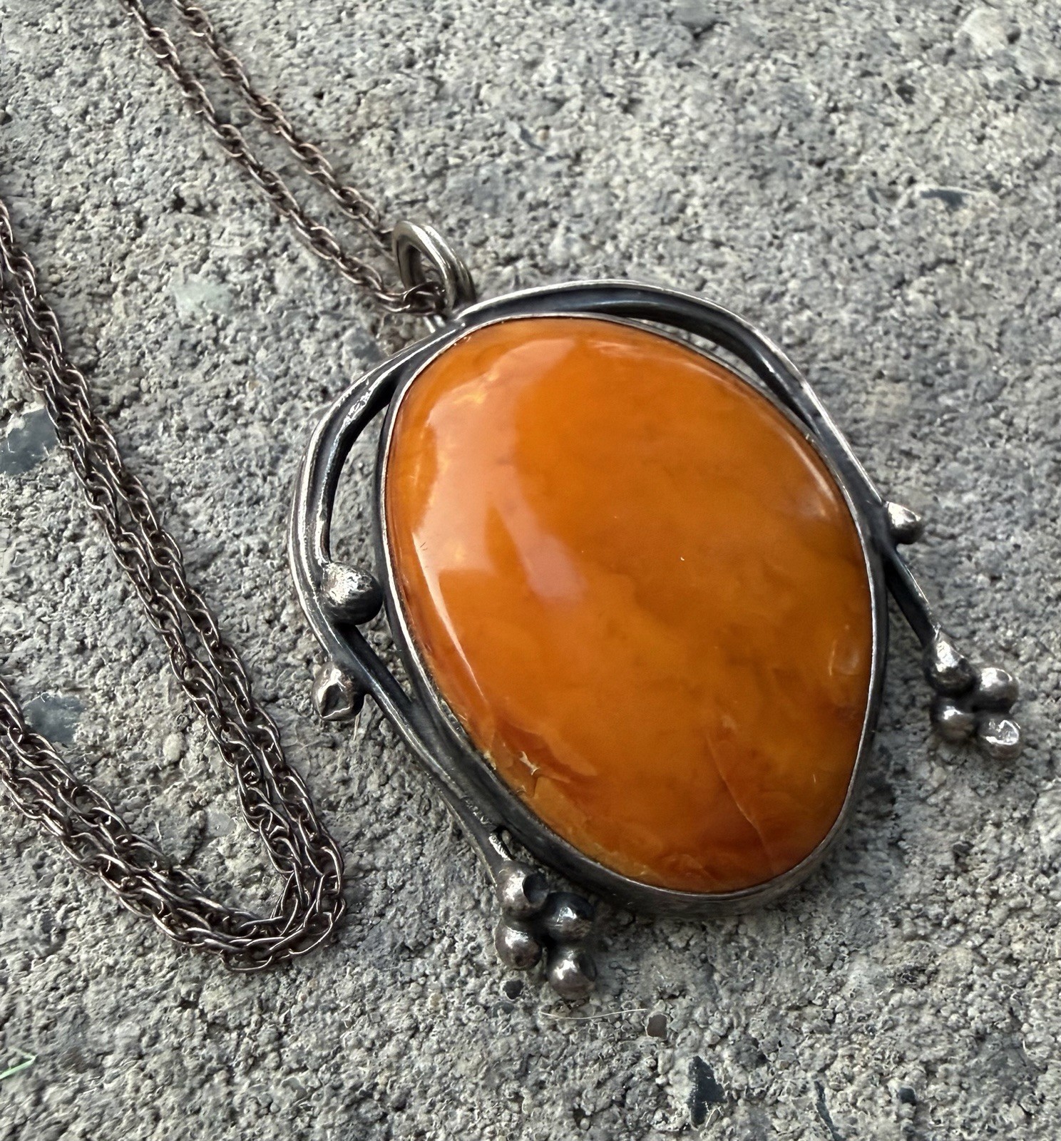 Large Mod Vintage Egg Yolk Butterscotch Amber Pendant Sterling Silver Necklace