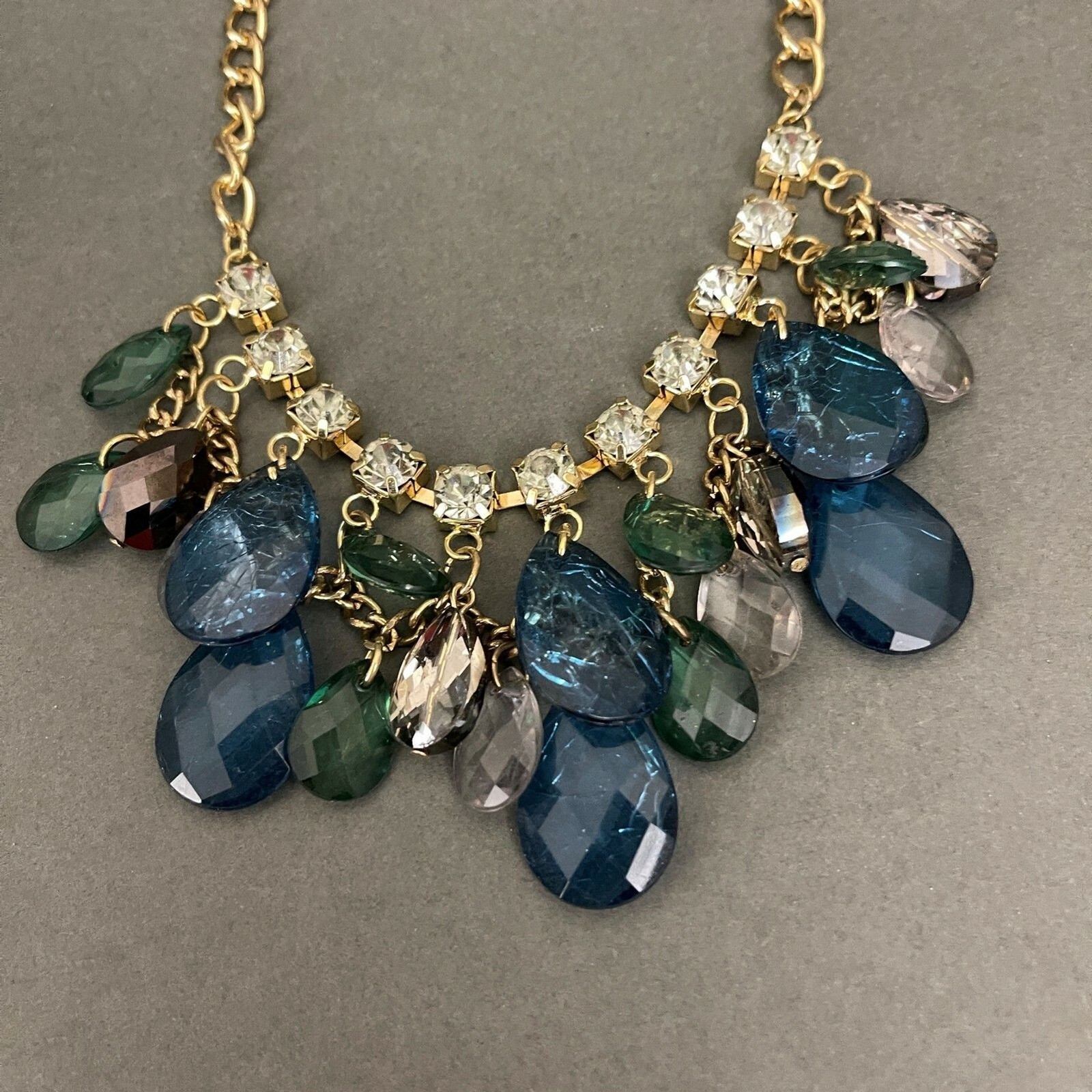 Blue Green Gold-tone Chain Statement Fashion Jewelry Necklace NWOT