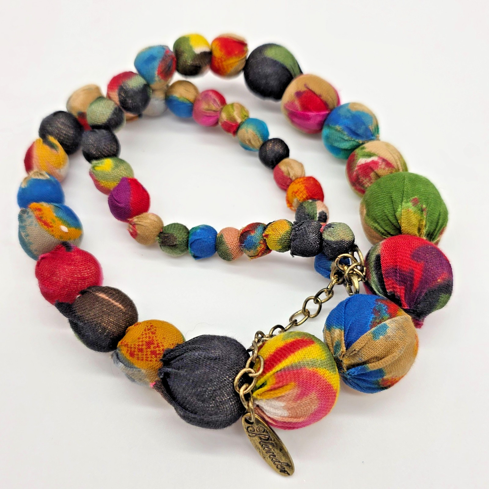 Plunder Kantha Fabric Wrapped Graduated Bead Necklace Multicolor 20”