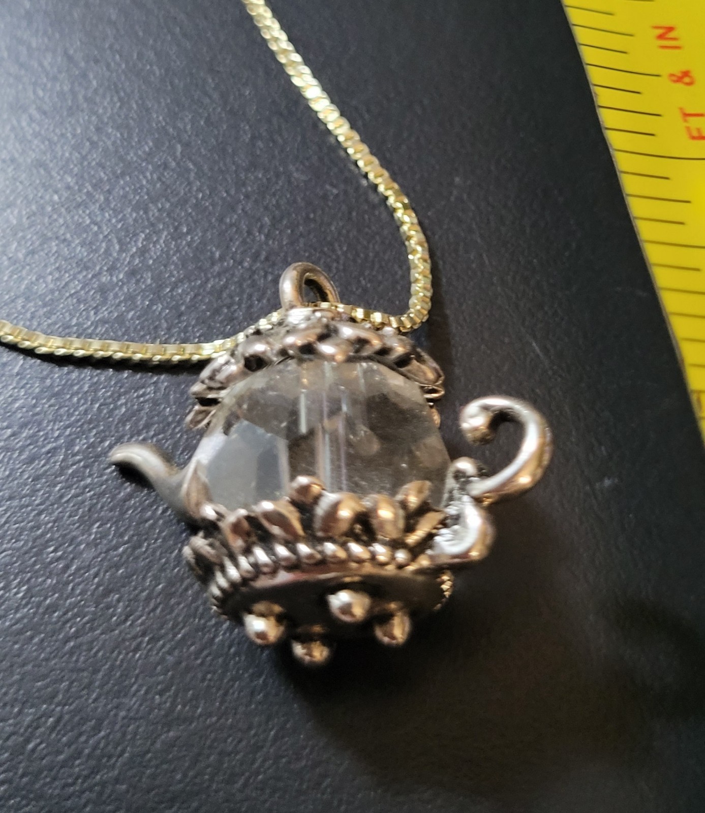 Silver Chain Necklace W/ Whimsical Teapot Charm Pendant Clear Crystal 19-24in