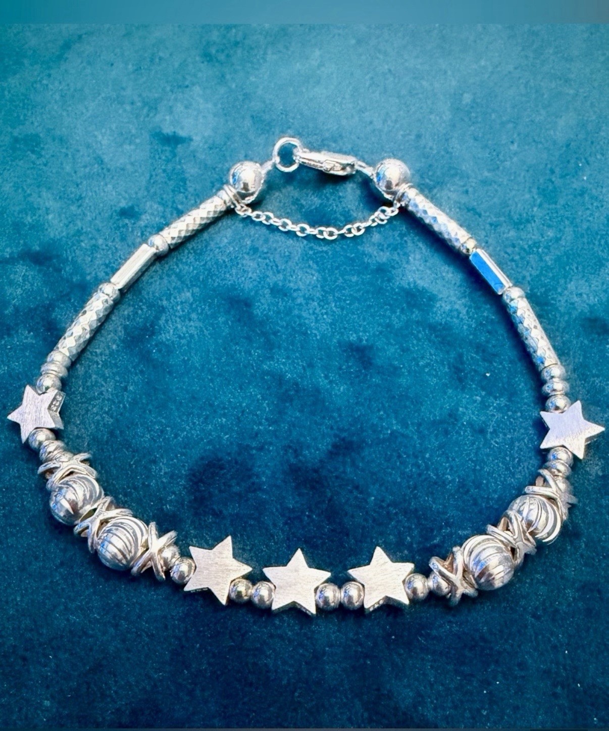 STERLING SILVER 925 Beaded Star Charm Bracelet Lobster Clasp safety chain No;1
