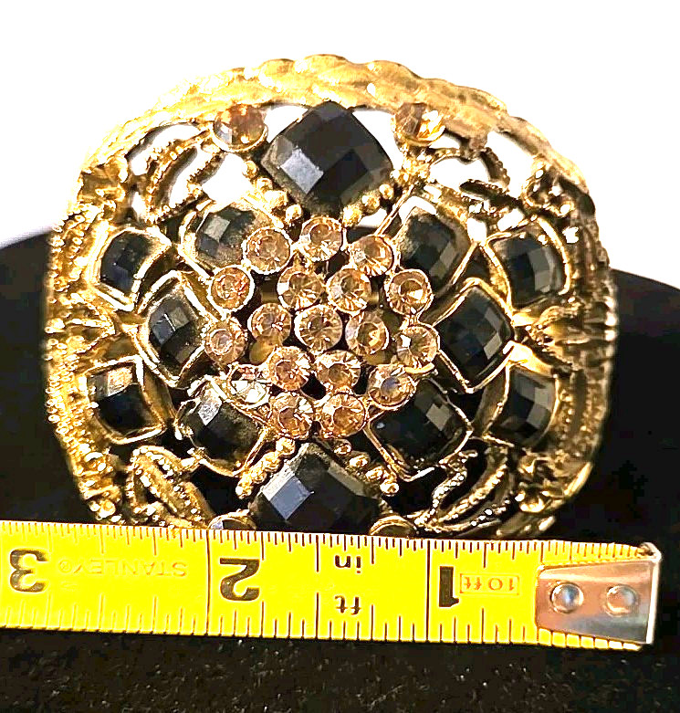 Hinged Bangle Fashion Bling Bracelet with Filgree and Black Rhinestones
