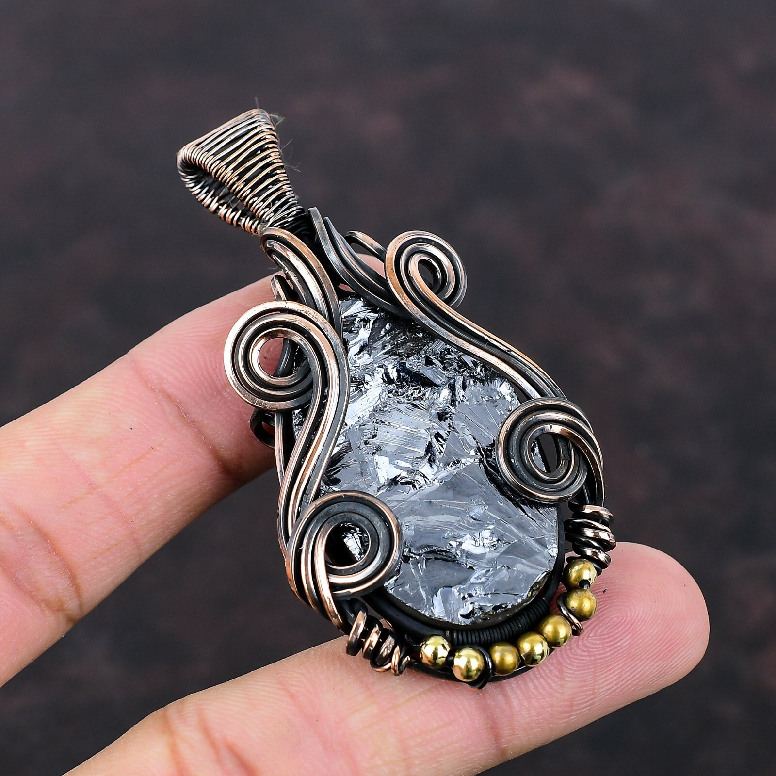 Women Day Gift Shungite Rough Jewelry Copper Mum Gift Wire Wrapped Pendant 2.76″