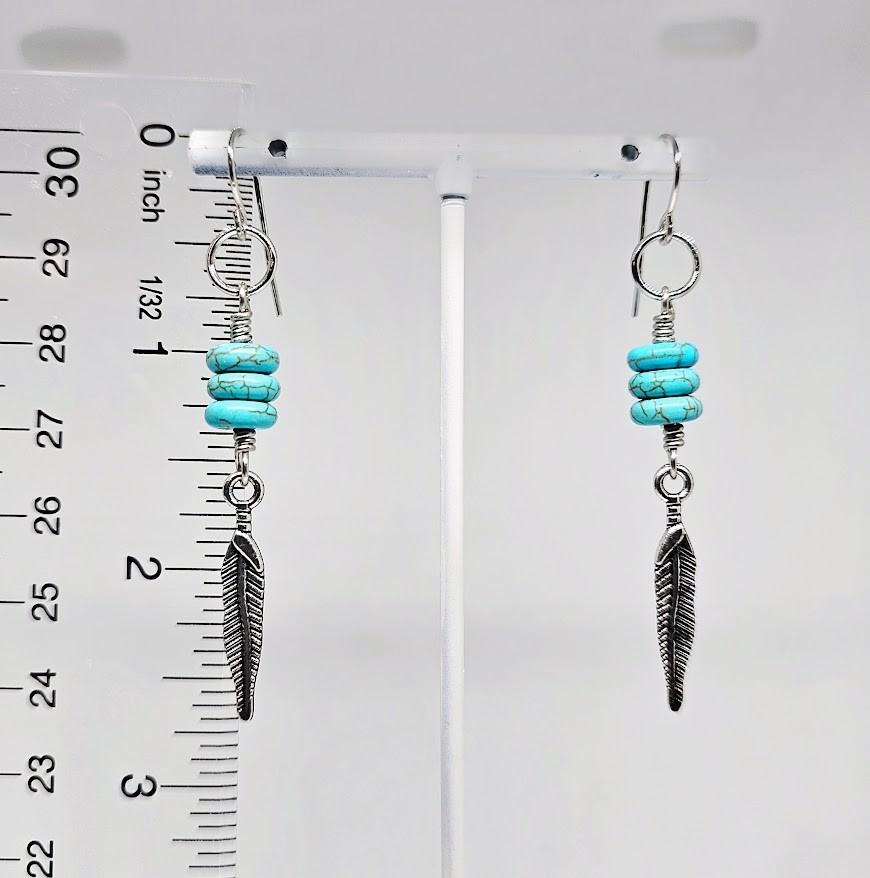 Handmade Turquoise Howlite Silver Feather Western Dangle Boho Earrings