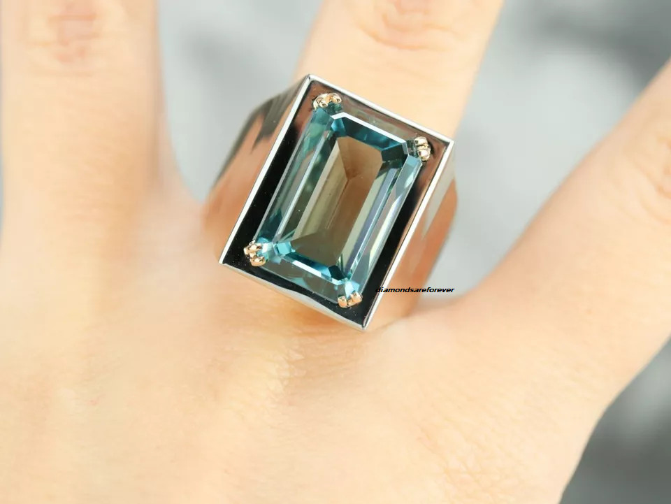 28.41 Carat Transaparent Emeralds Shape Aquamarine Solitaire 925 Silver Men Ring