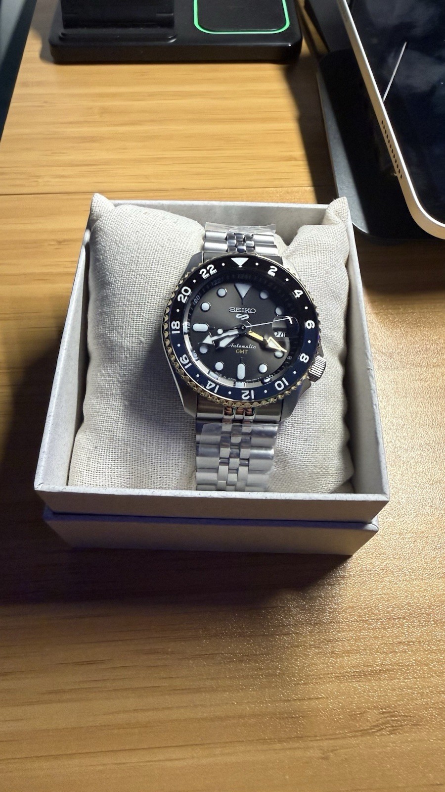 Seiko 5 Sports Automatic GMT 42.5mm Gray Dial Black and gold Bezel