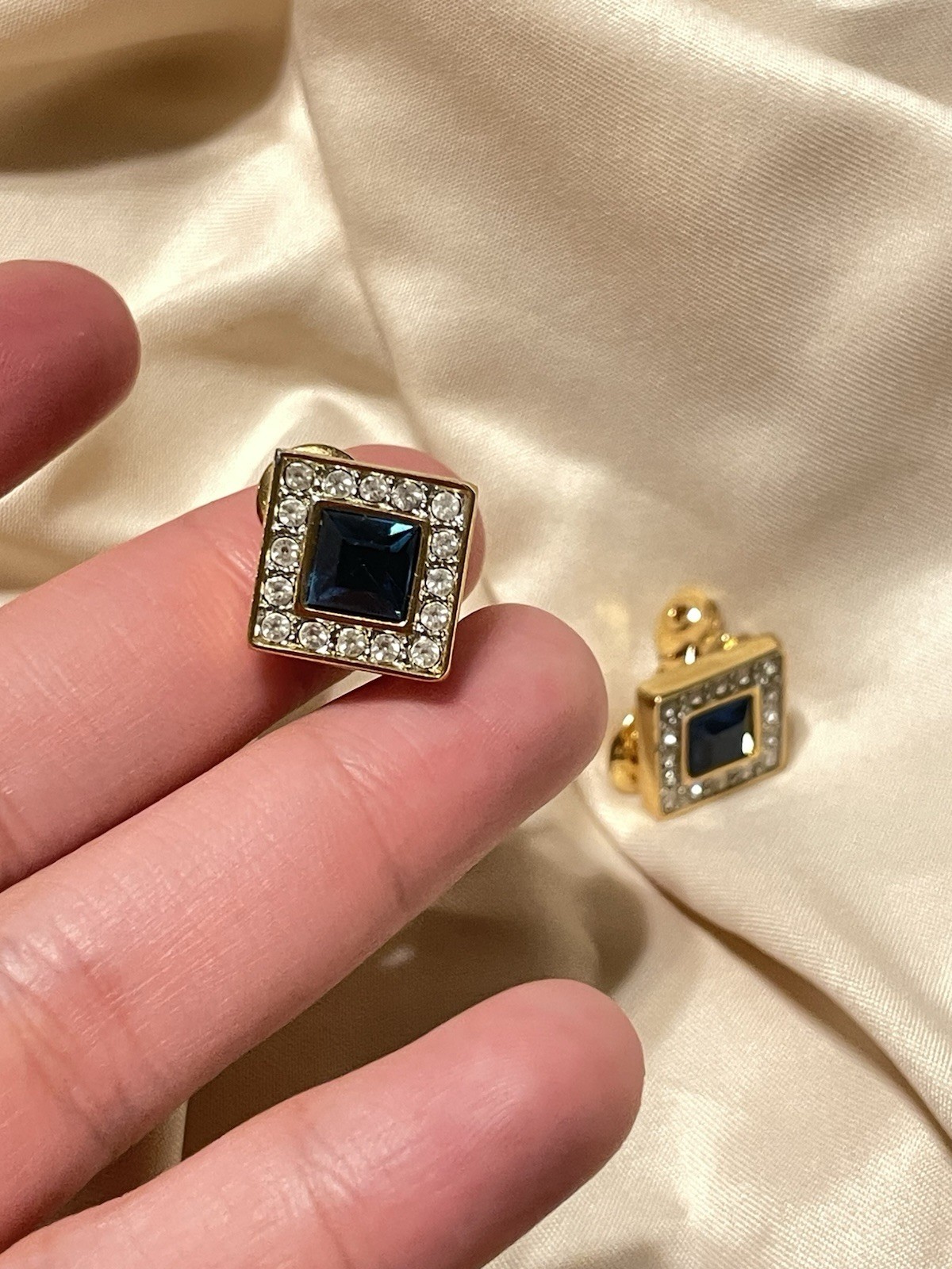Vintage Monet Gold Tone Dark Green Square Gem Rhinestone Accent Clip-On Earrings
