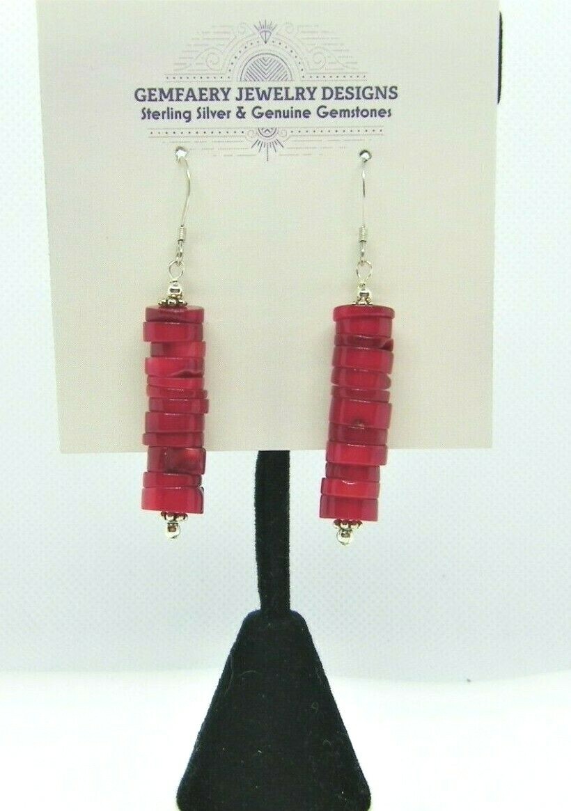 Sterling Silver Stacked Natural CORAL Dangle Earrings #1149…Handmade USA
