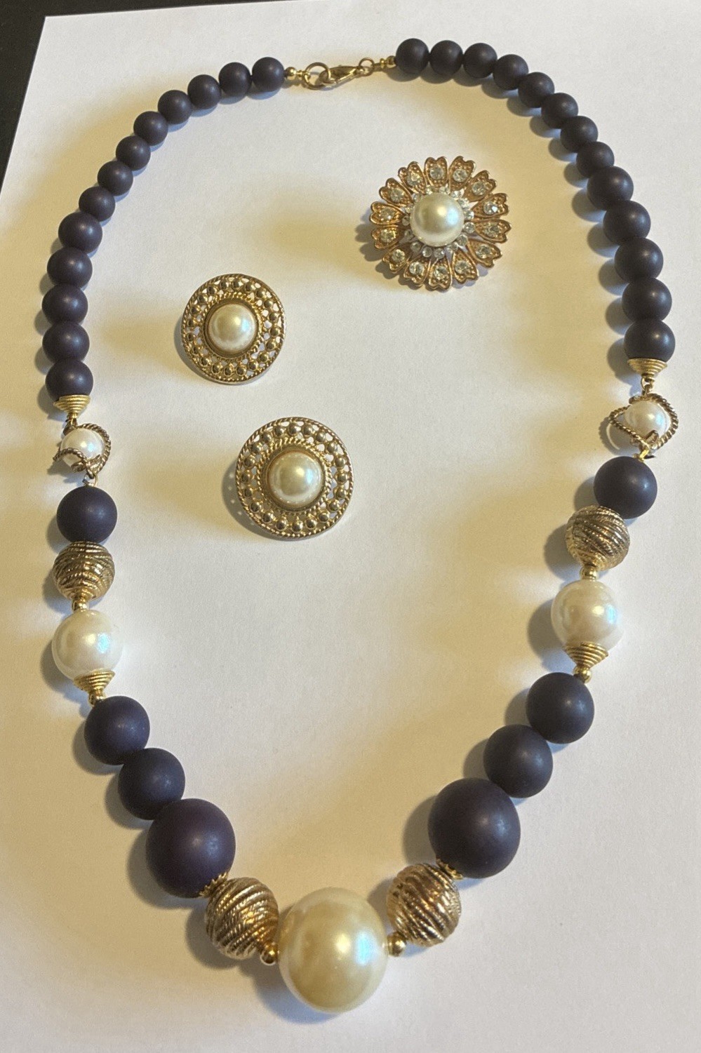 Gold Tone Faux Pearls Purple Beads Vintage Necklace Brooch and Earrings