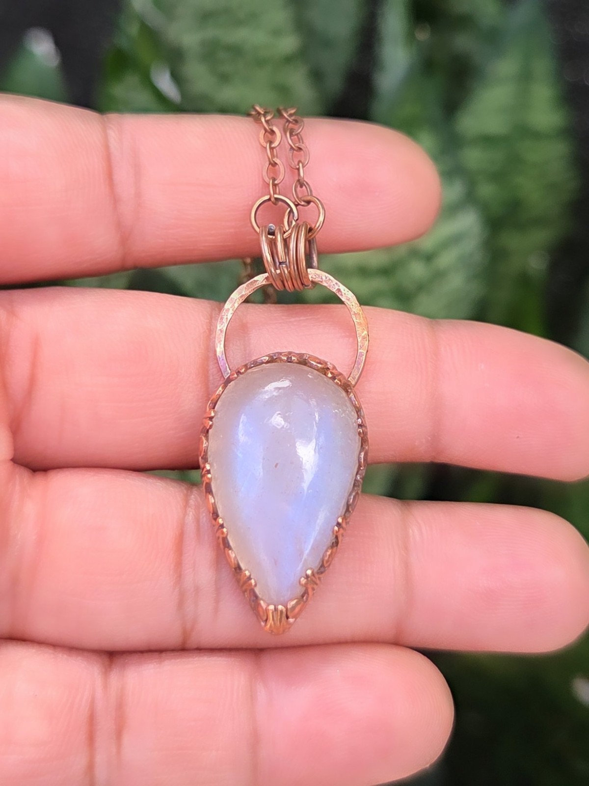 Copper Wire Wrapped Teardrop Moonstone Stone Pendant Chain Necklace