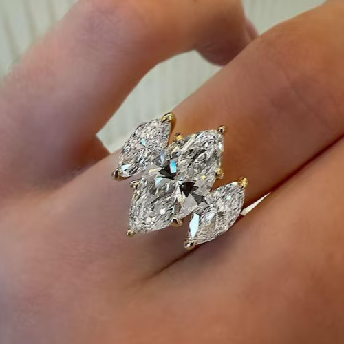 5.0Ct Marquise-Cut Lab Grown Diamond Three Stone Engagement Ring 14K Yellow Gold