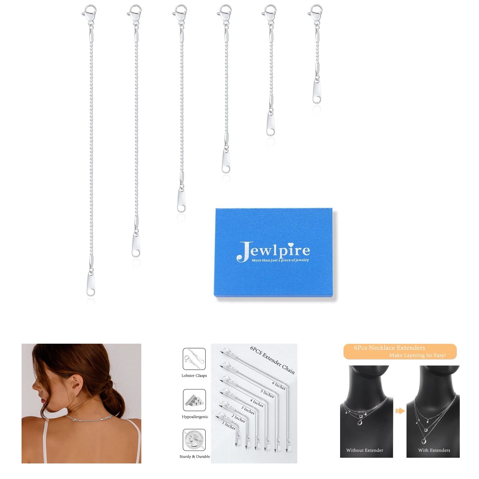 Women Necklace Extender 18K 14K Gold Plated Set 6 Pieces 1 to 6 Inches Box Chain