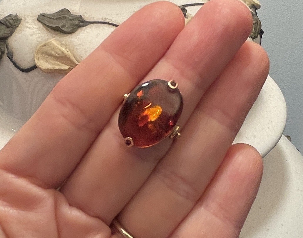 Antique Soviet Amber Cabochon Ring, 6.5