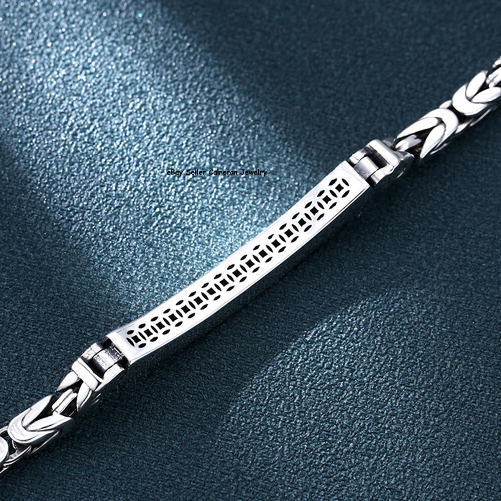 Solid S925 Sterling Silver Bracelet 4mm Byzantine ID Link Chain 7.1-7.9inch L