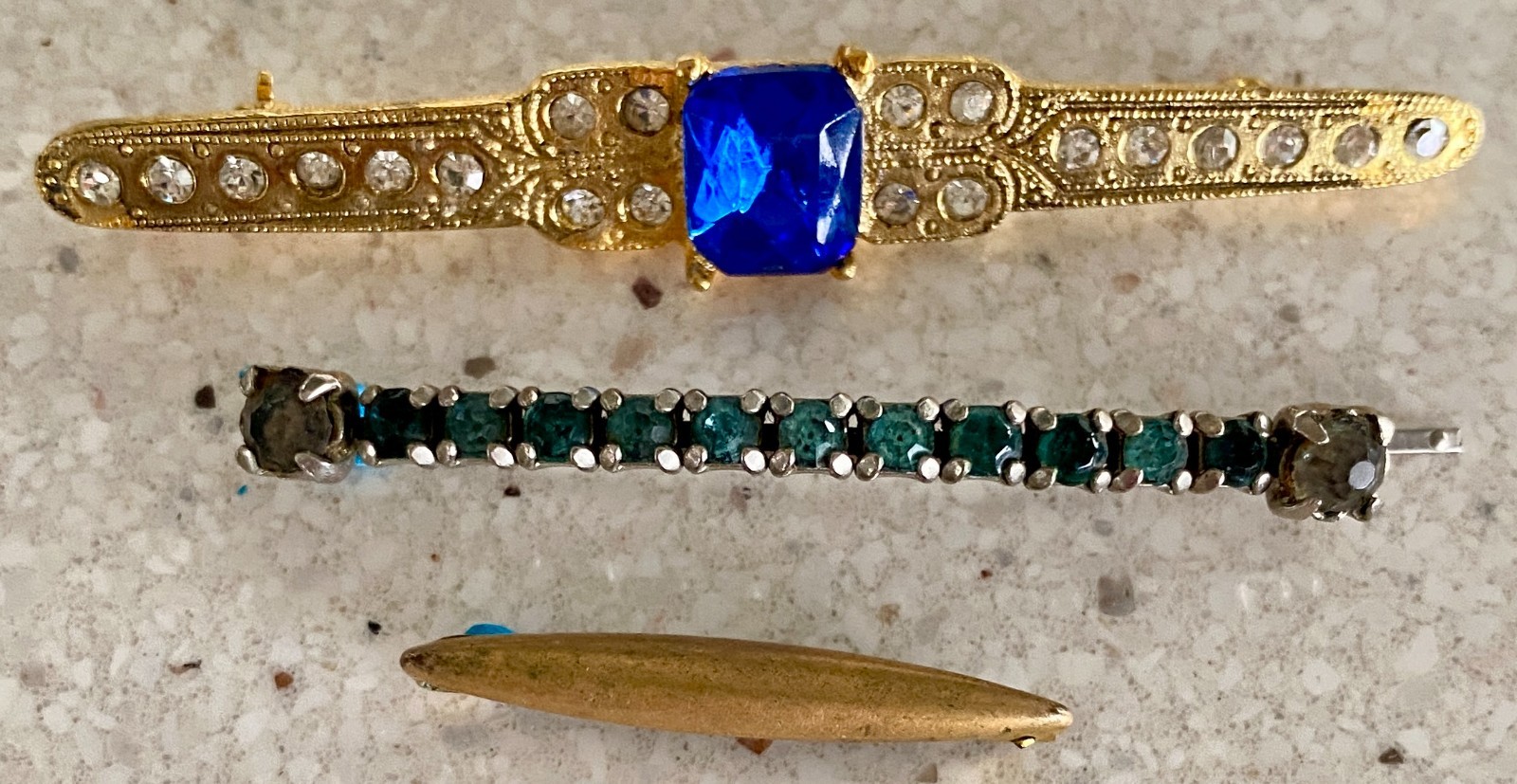 Vintage Art Deco Lot 3 Bar Brooch Pins Blue Sapphire Green Rhinestone Gold Tone