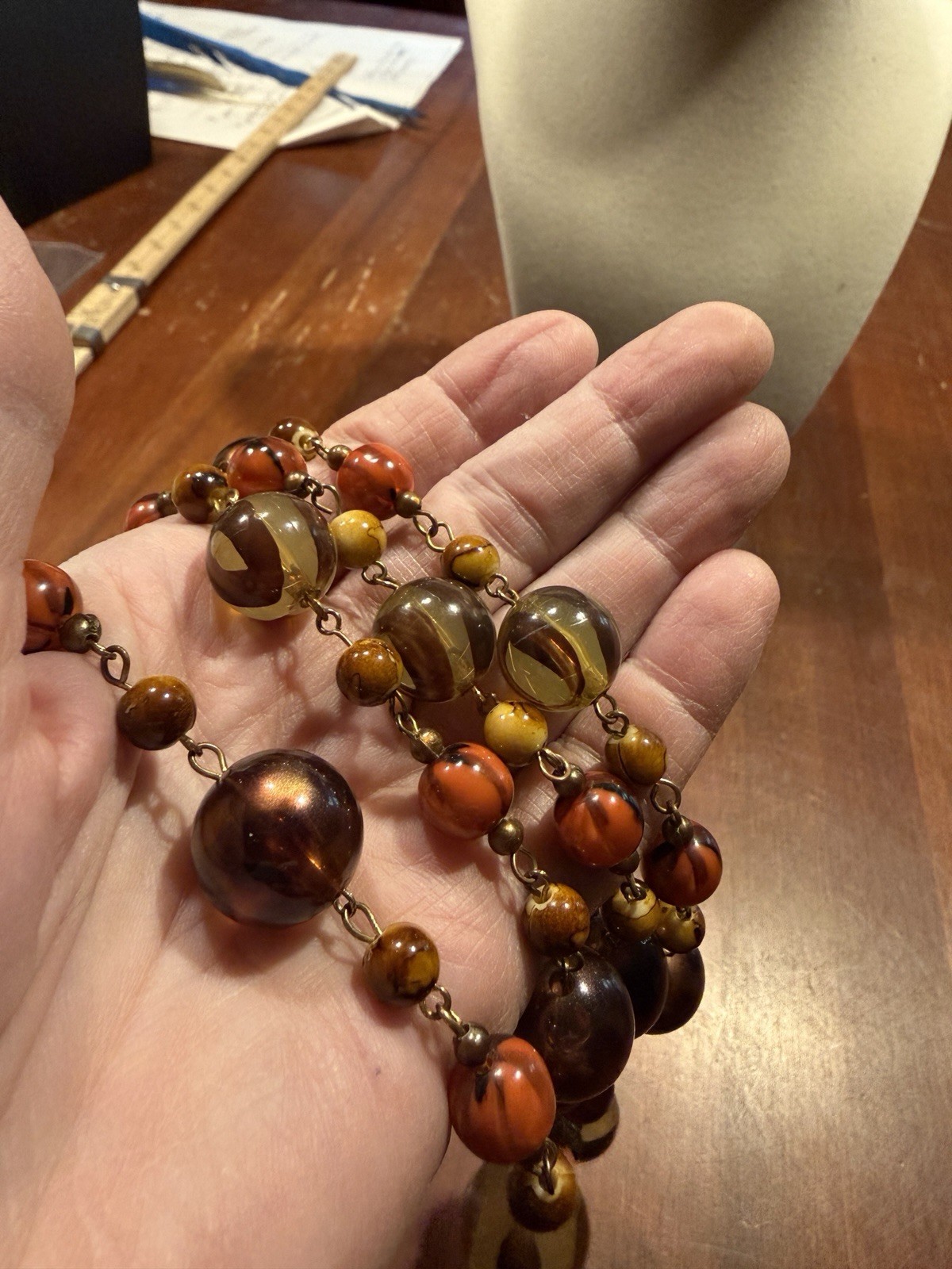 Vintage Long Brown, Orange & Amber Glass Bead Necklace Strand No Clasp.