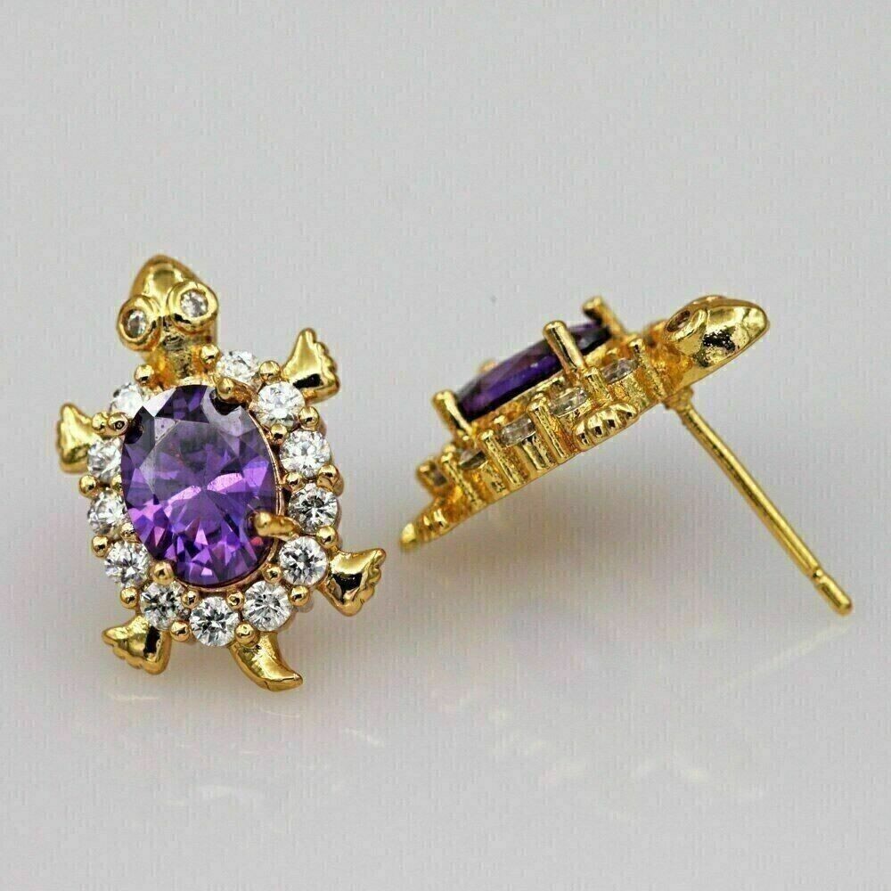 4Ct Oval Simulated Purple Amethyst Tortoise Stud Earrings 14k Yellow Gold Plated