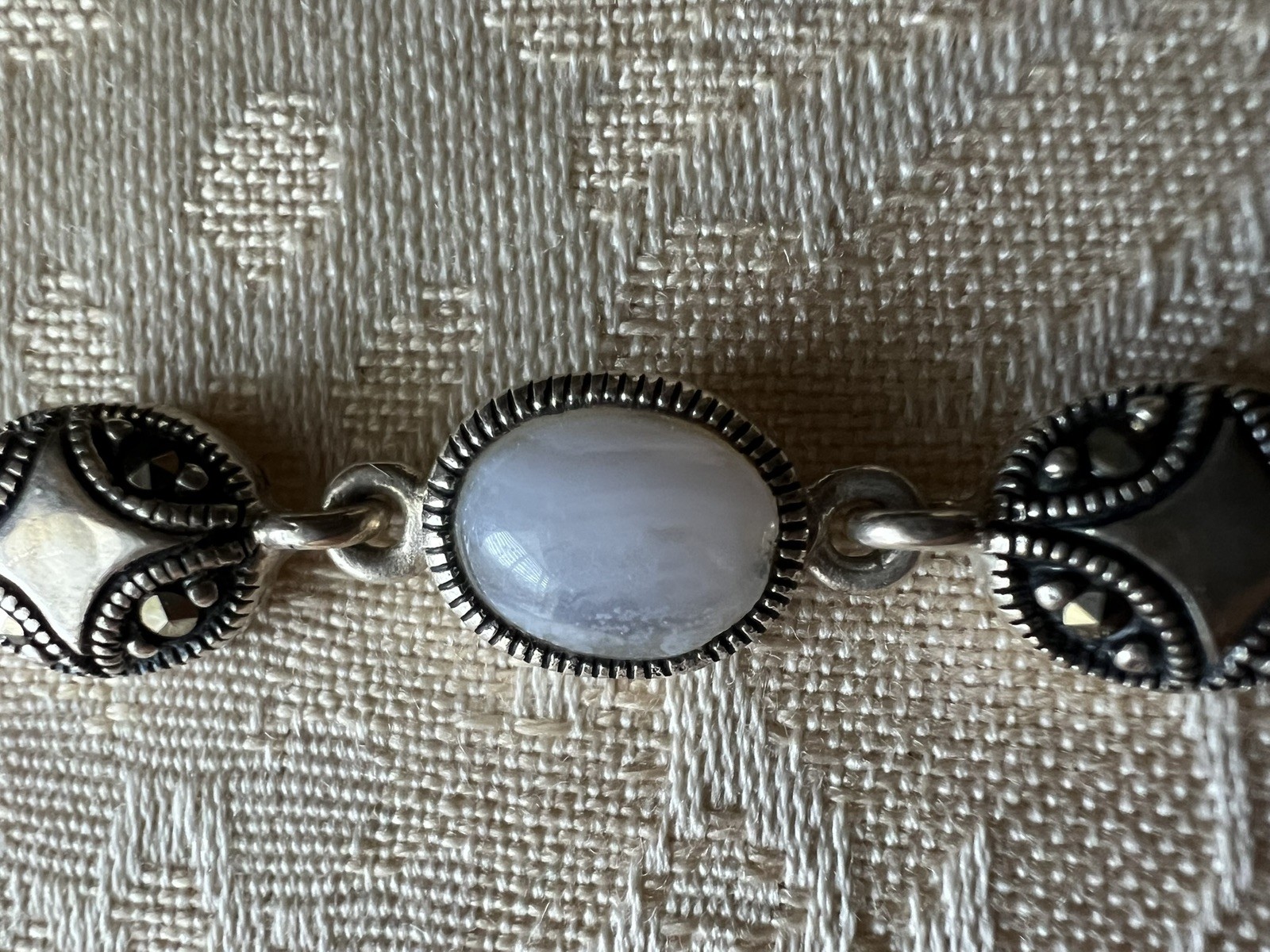Delicate Lace Agate & Marcasite Sterling Silver Bracelet 7 1/2 Inches