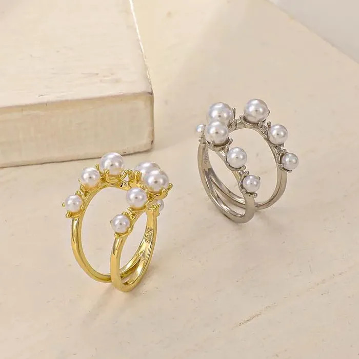 Adjustable Vintage White Pearl Double Layer Geometric Crystal Mood Tracker Ring