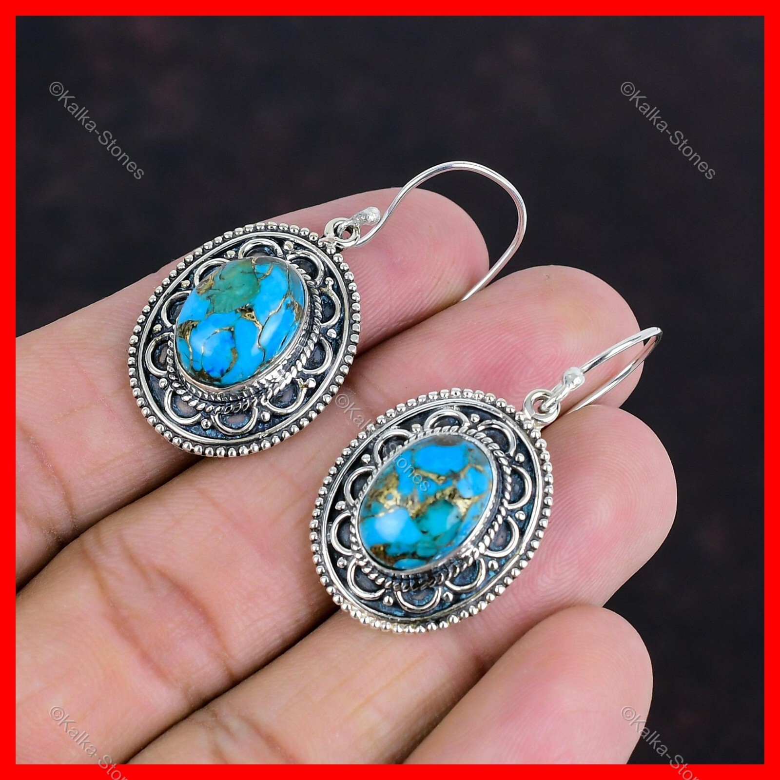 Sterling Silver Natural Copper Blue Turquoise Dangle Drop Hook Earrings Jewelry