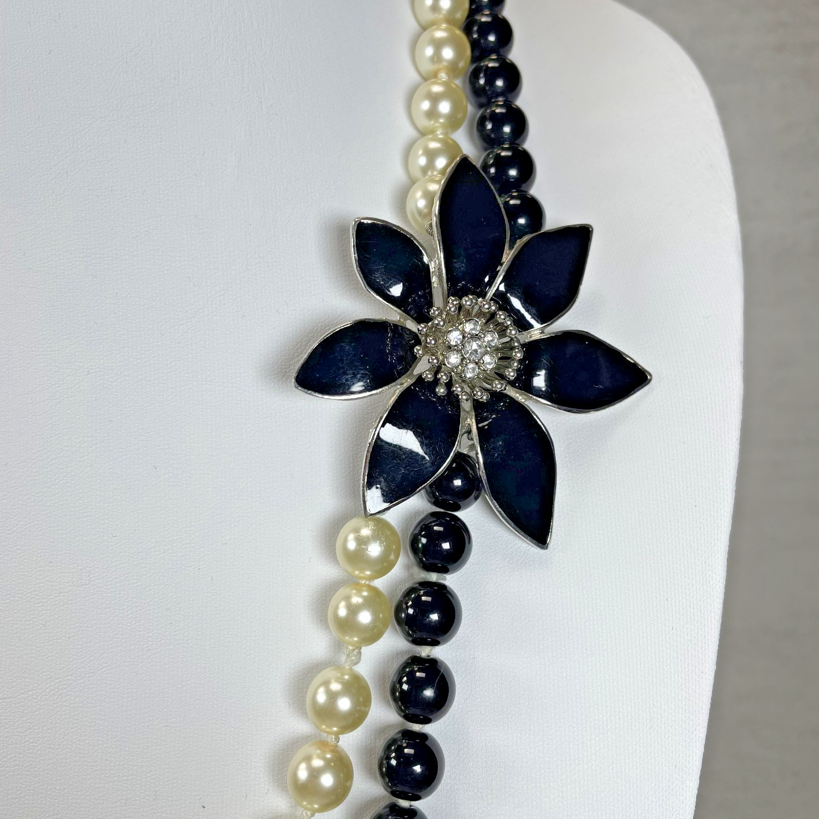 Stunning Talbots Signed Black Enamel Rhinestone Flower Two Strand Bead Necklace