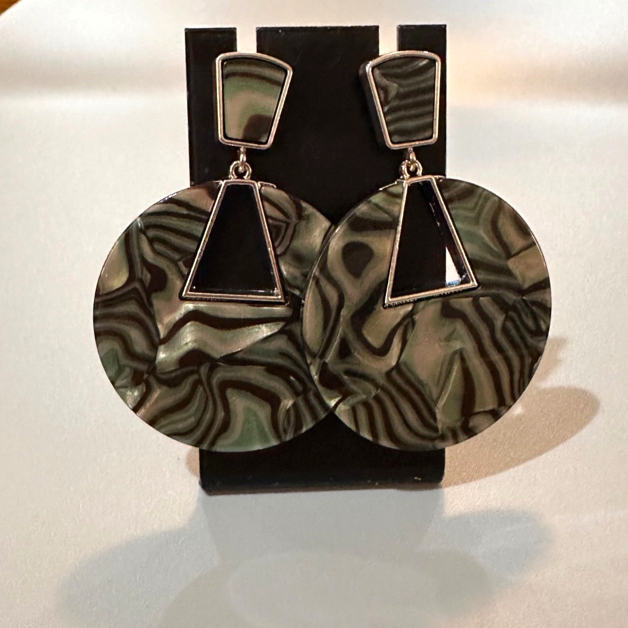 Geometric Statement Earrings Marbled Acrylic Discs Silver Tone Accent Triangle C