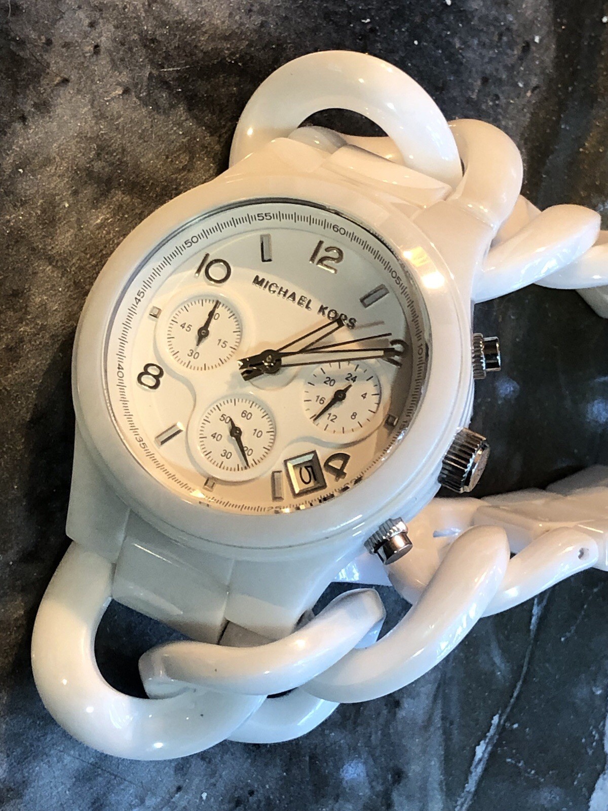 ✨🤍 NOS STUNNING Early MICHAEL KORS White CERAMIC Chain Link Bracelet Watch🤍✨