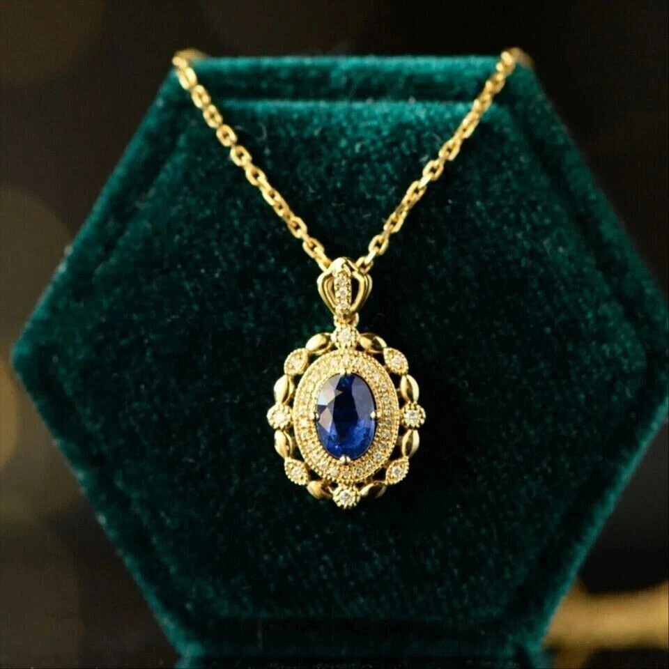 2.33 Ct Oval Cut Blue sapphire Pendant Wedding Pendant 14k Solid Yellow Gold