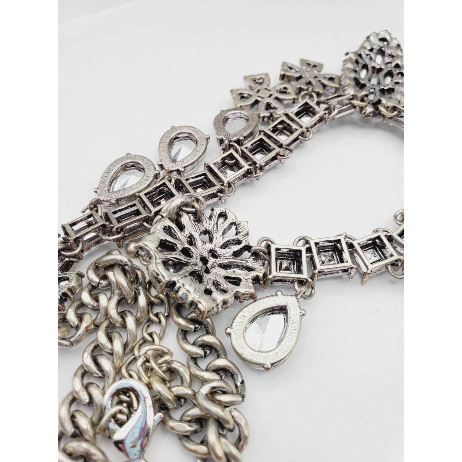 Statement silver tone Rhinestone flower square tear drop pear Necklace 18″