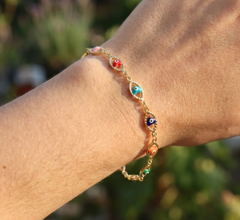 Chic 18K Gold Plated Evil Eye Bracelet for Women | Colorful Enamel Charm Chain