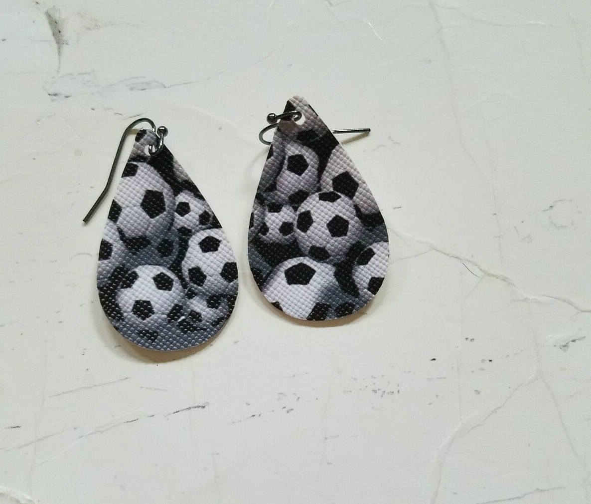 1″x1.5″ Small faux leather Teardrop Earrings Black & White Soccer Balls sports