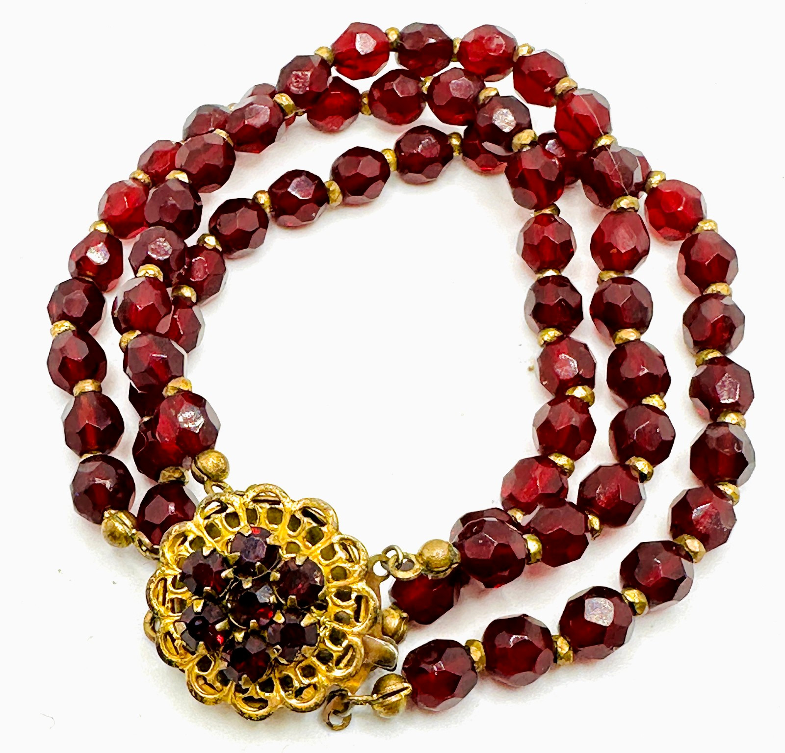 Vtg Miriam Haskell Pomegranate Red Faceted Bead 3-Strand Bracelet Wired Clasp