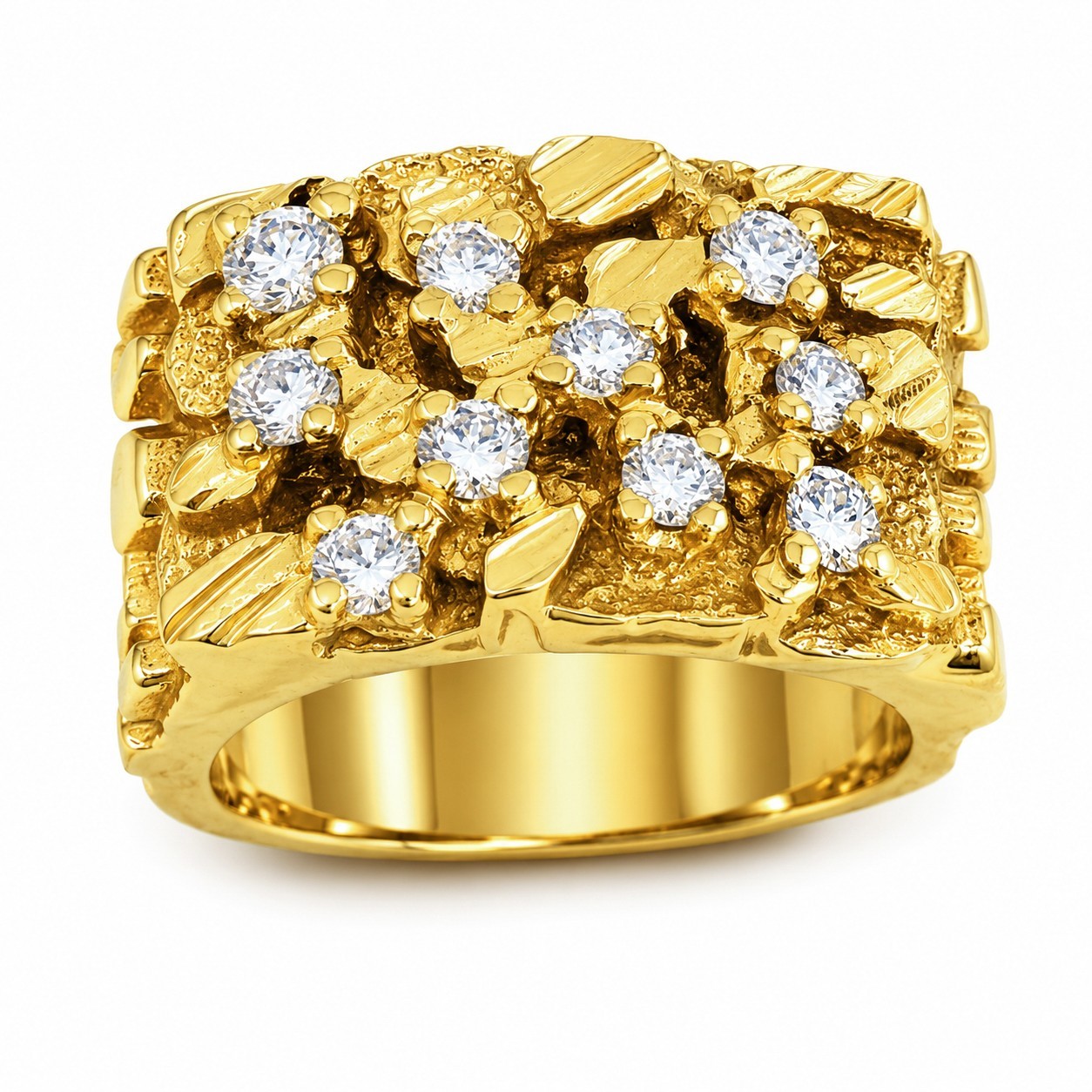 Real 14K Yellow Gold .70 Carat Wide Face Diamond Mens Nugget Ring Natural or Lab