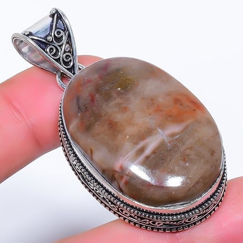 Natural Polychrome Jasper Gemstone 925 Silver Plated Jewelry Pendant 2.2″ M156