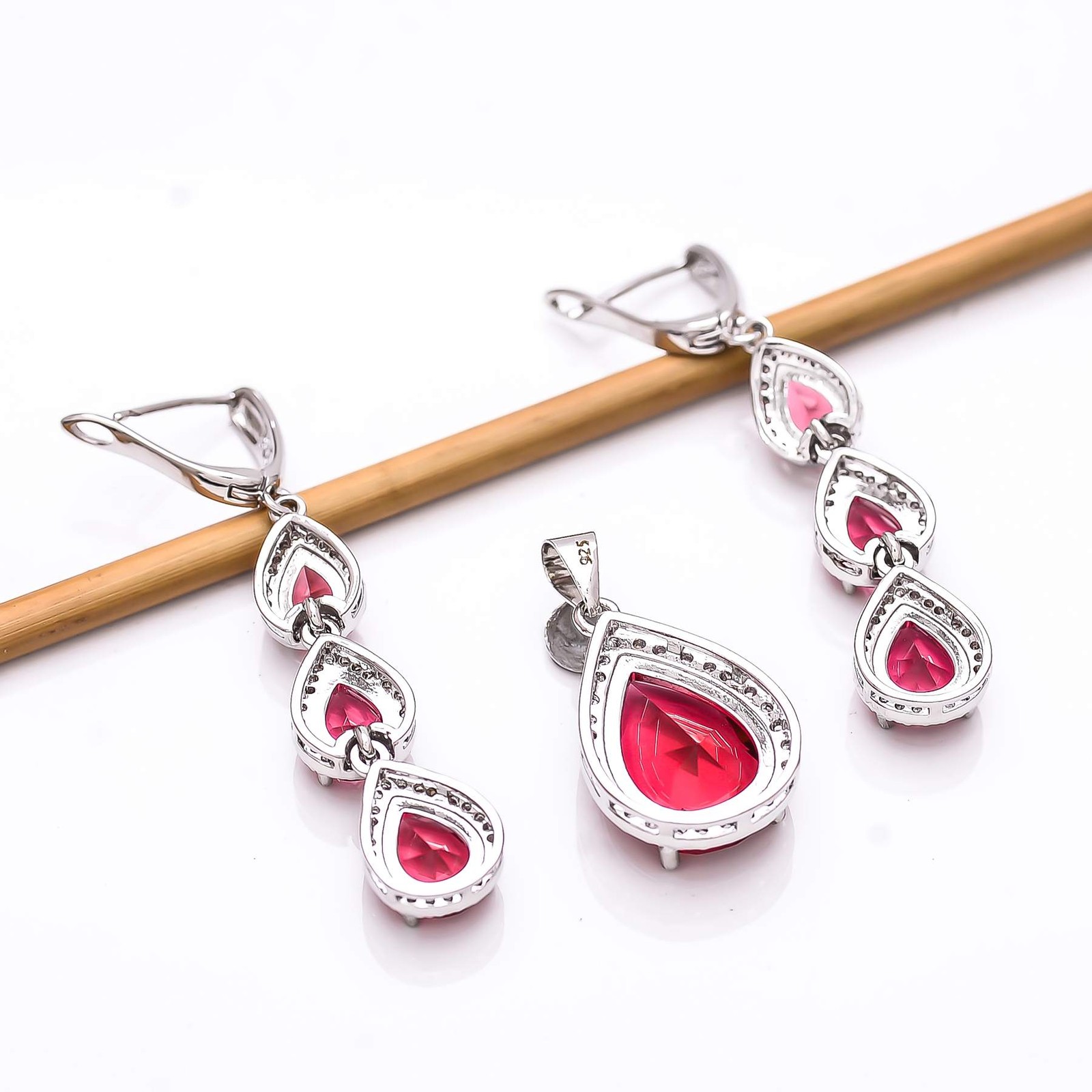 Pink Rubellite Tourmaline & CZ 925 Silver Handmade Pendant Earring Set P25