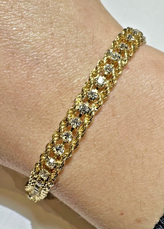 Vintage Shiny Rope Chain Rhinestones Gold tone 7″ Bracelet DA5