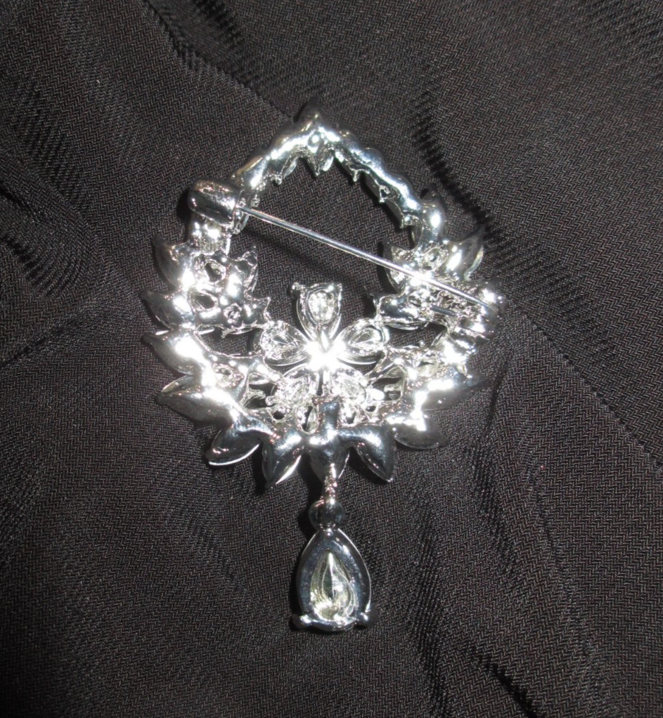 Crystal Rhinestone Floral Wreath Brooch Pear Drop Dangle Silver Glam Pin SPARKLE