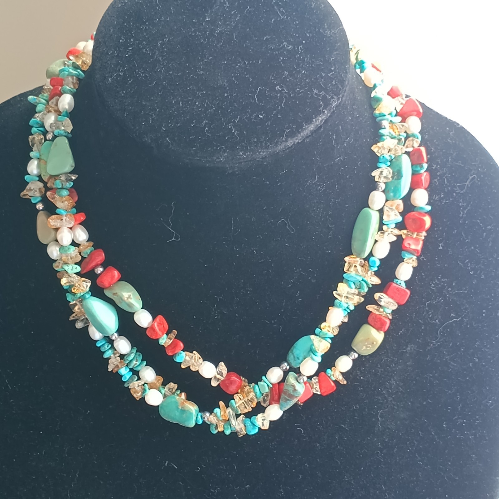 925 Silver Turquoise Coral Amber Pearls Necklace and Bracelet