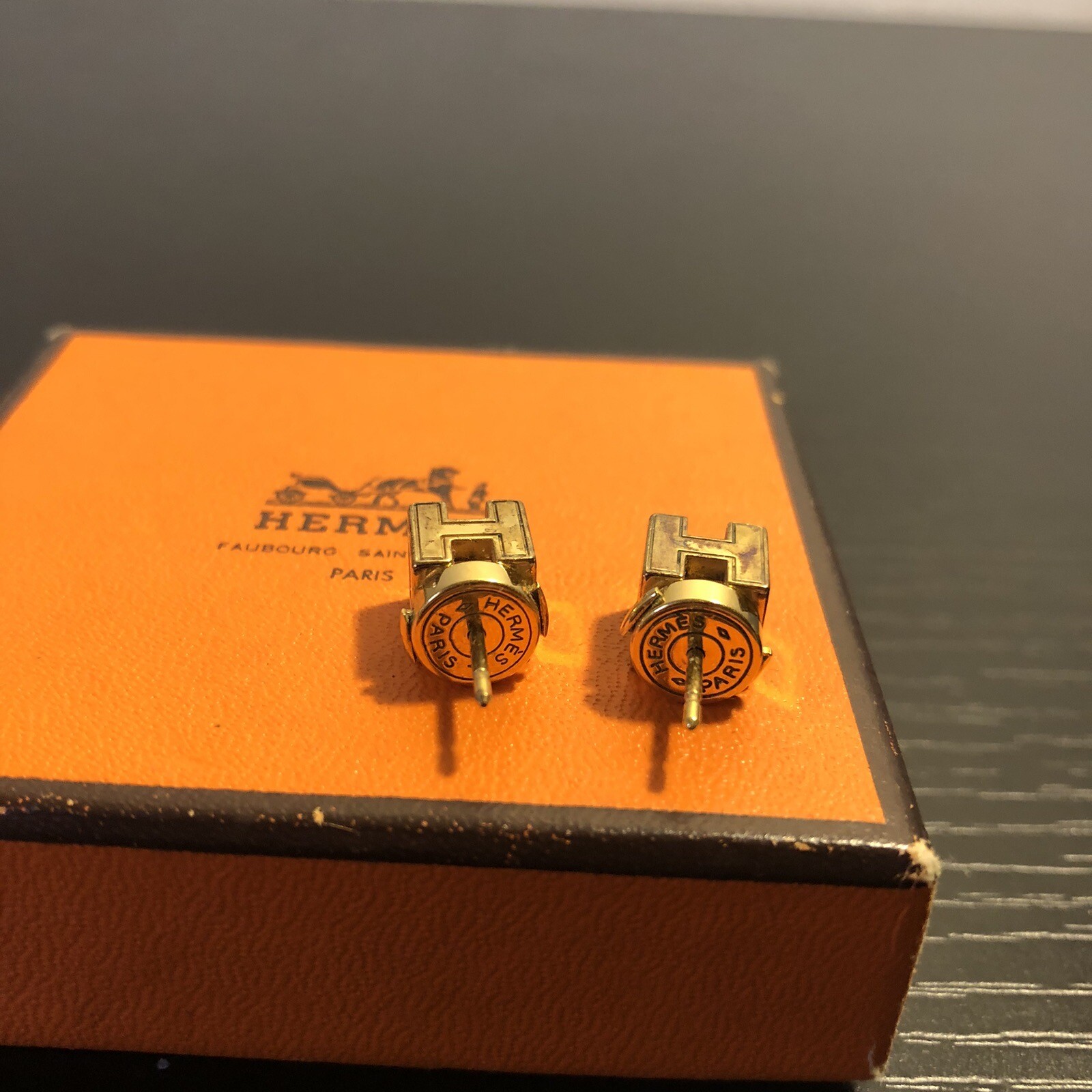 Hermes Stud Square Cube H Logo White Enamel Pierced Post Earrings Gold