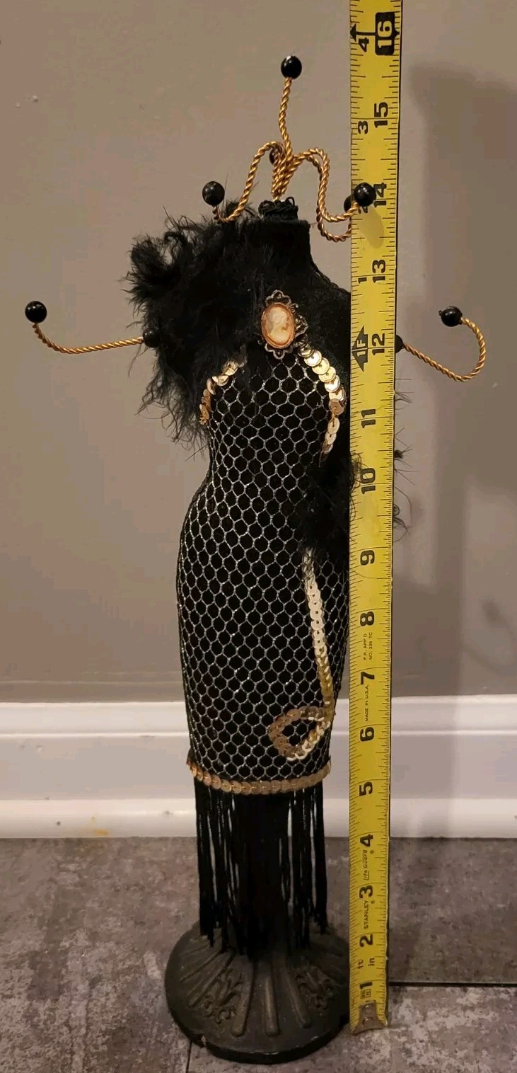 Victorian Style Fringed Sequin Mannequin Doll Hook Jewelry Holder Cameo Feathers