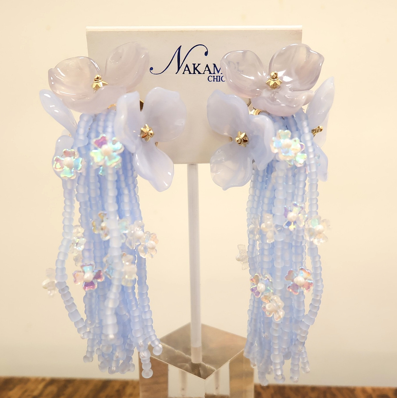 Nakamol earrings flowers cornflower blue beaded tassel dangles goldtone NWT