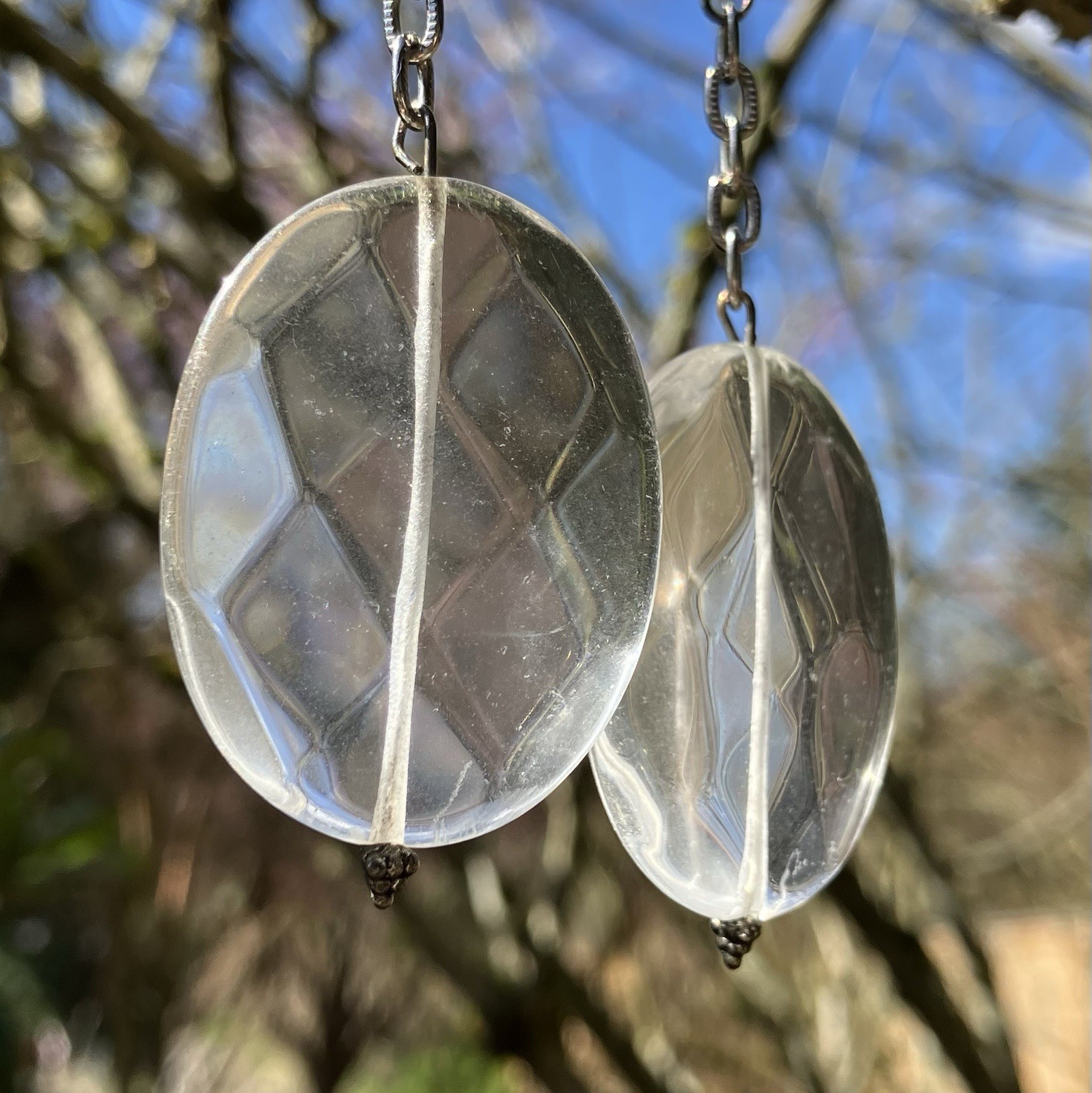 Round Faceted Clear Quartz Dangle Earrings, Artisan made, 3.5 inches long