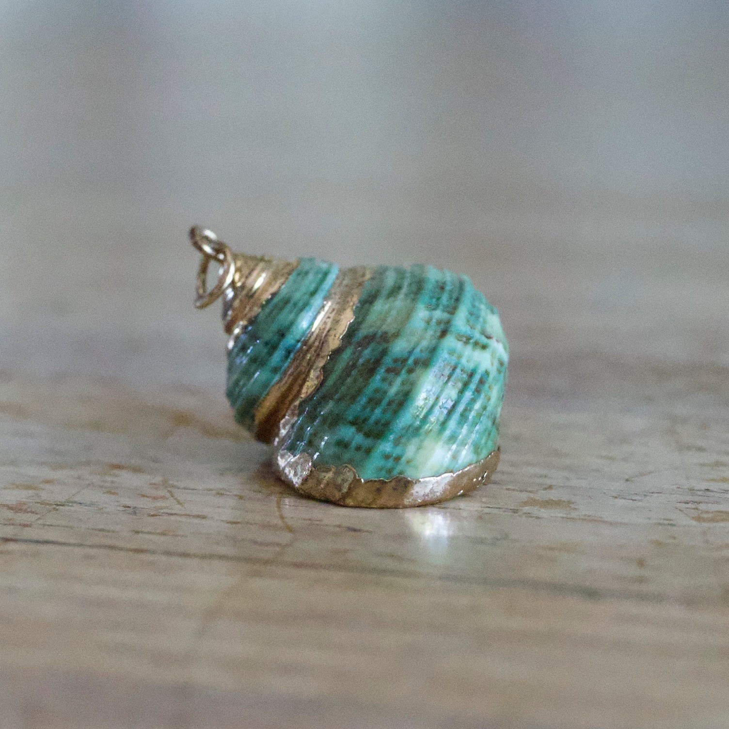 Green Teal Spiral Seashell Pendant Gold Trim Coastal Boho Nautical Charm 1 Inch