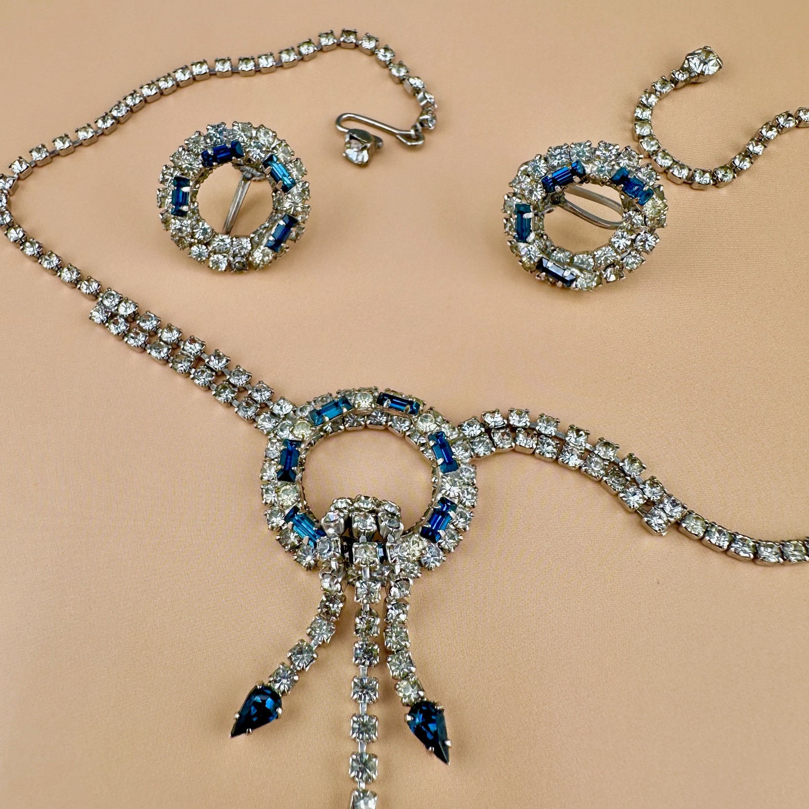 Vintage Rhinestone Necklace Earrings Set Blue Clear Circle Tassel Cup Chain