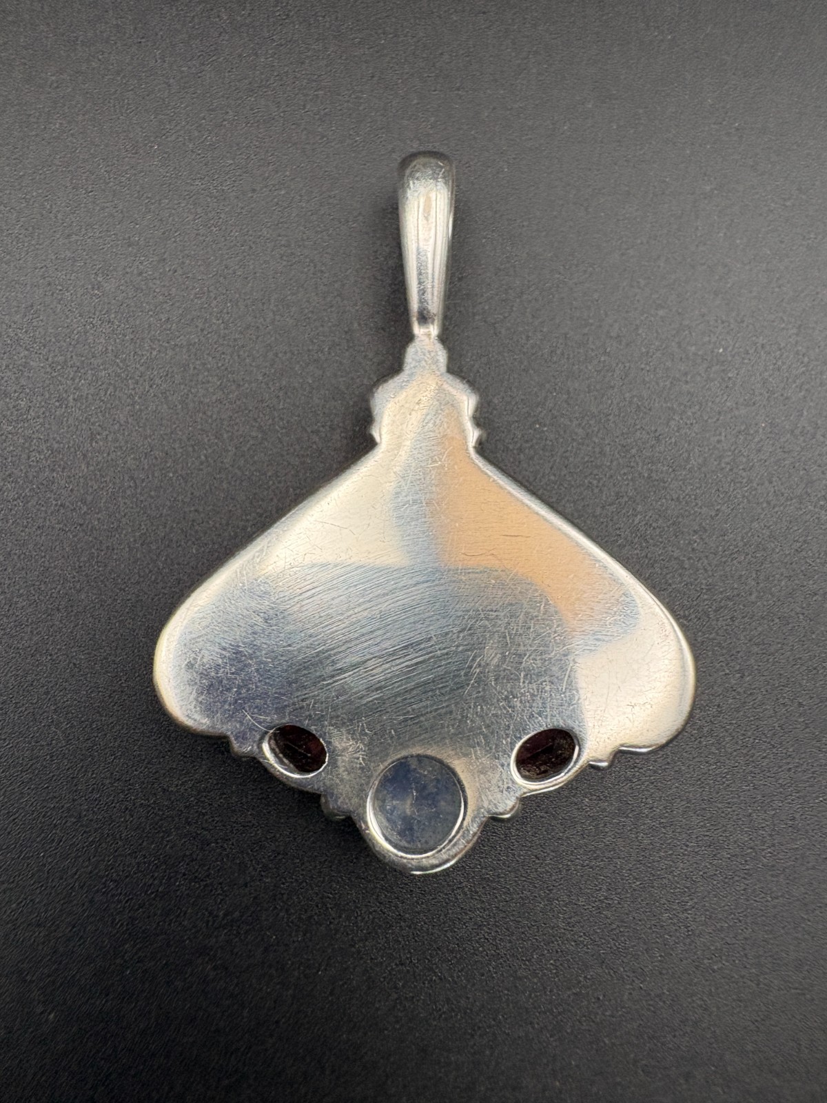 Sajen Sterling Silver Carved Cinnabar Fan Pendant with Moonstone & Garnet