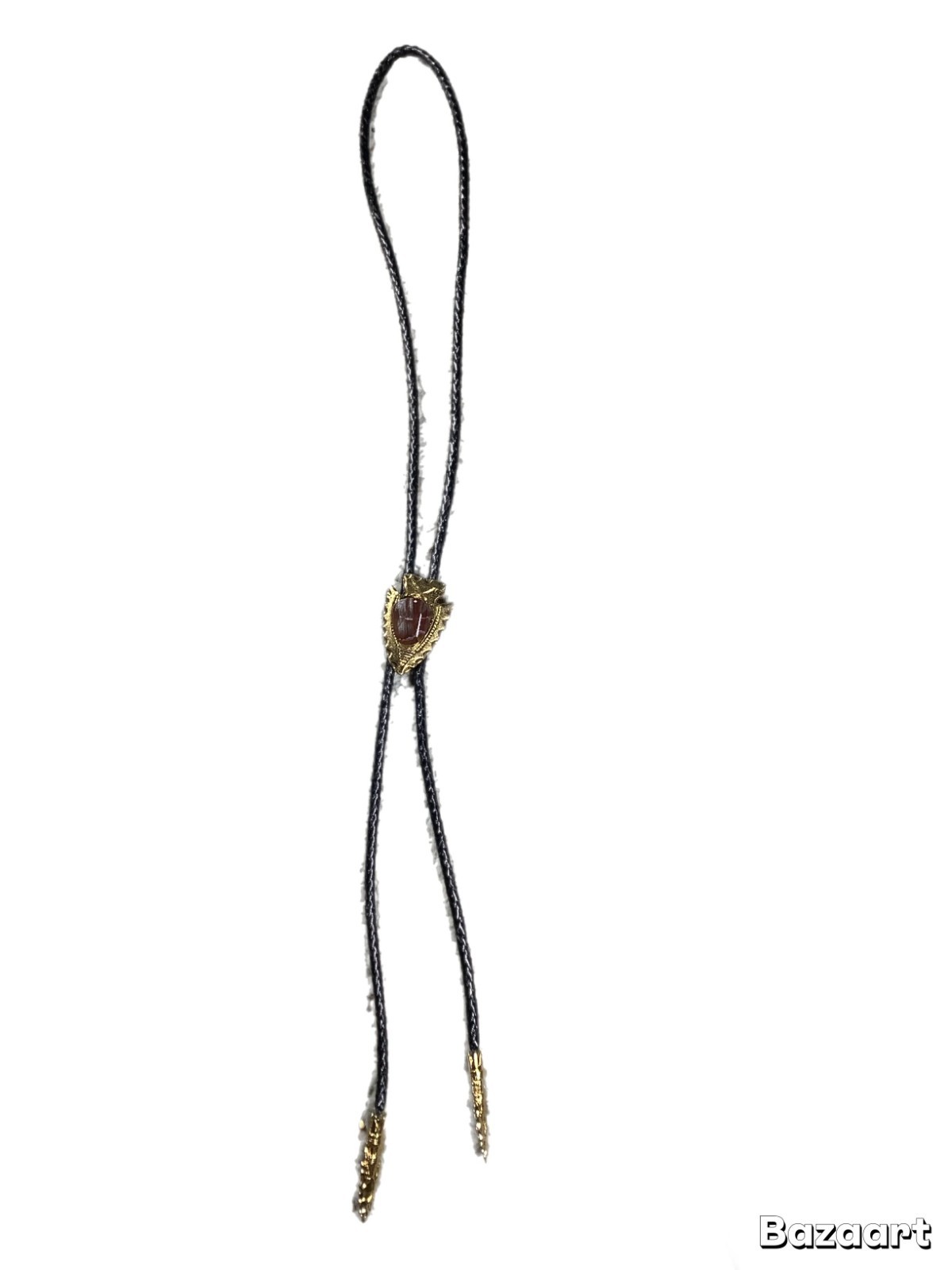 Vintage Gold Tone Arrowhead Bolo Tie Amber Stone Black Leather Cord (217)