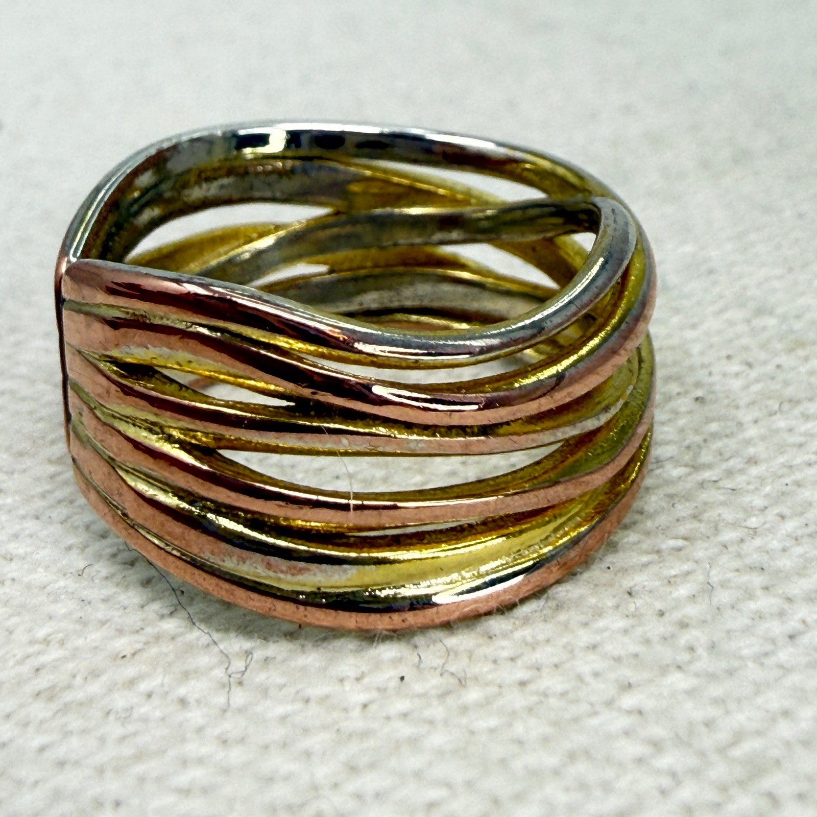 Sterling Silver Tri Color Multi Band Adjustable Wrap Ring Mixed Metal Modernist