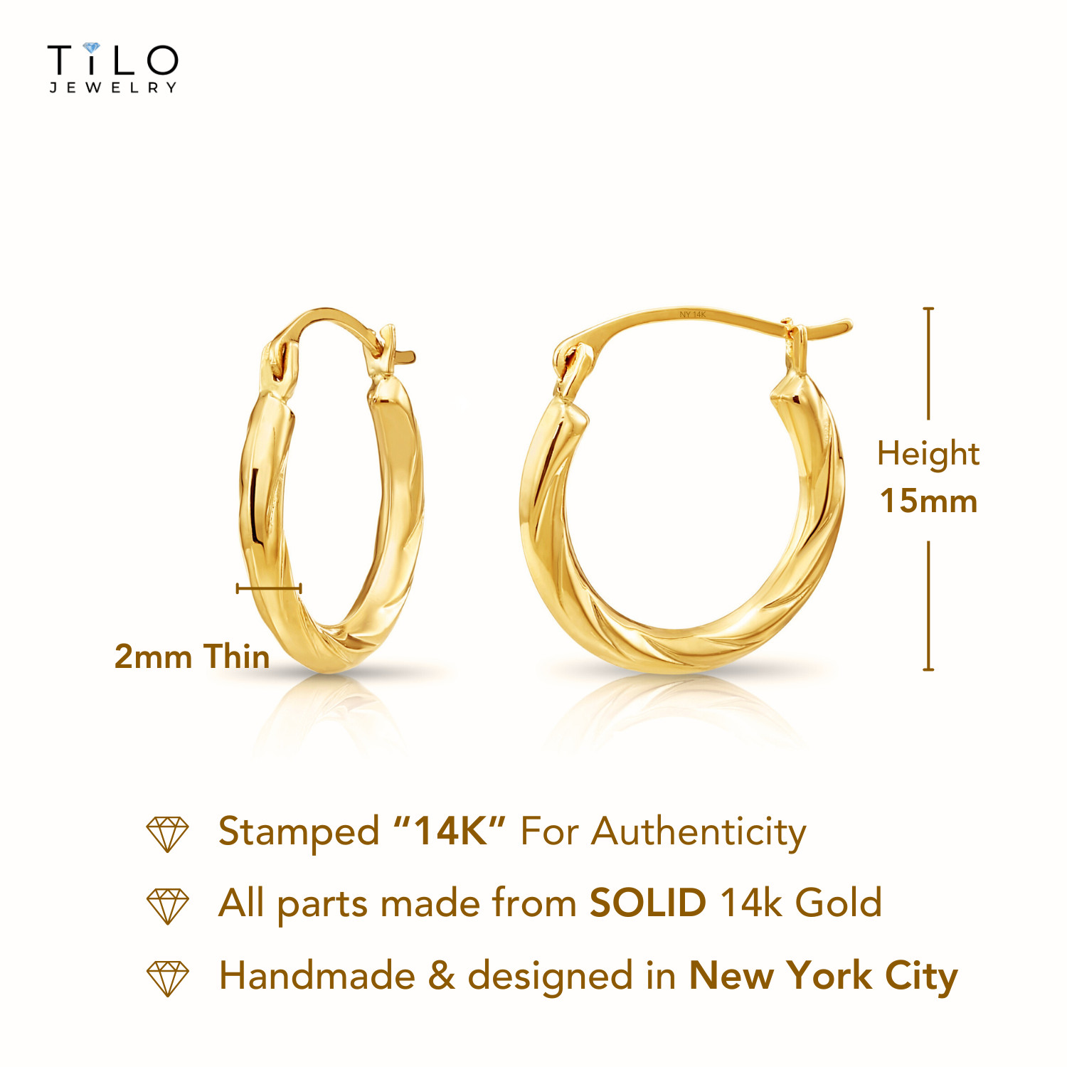 14K Real Solid Yellow Gold Twisted Round Creole Hoops Earrings Small Size 15MM