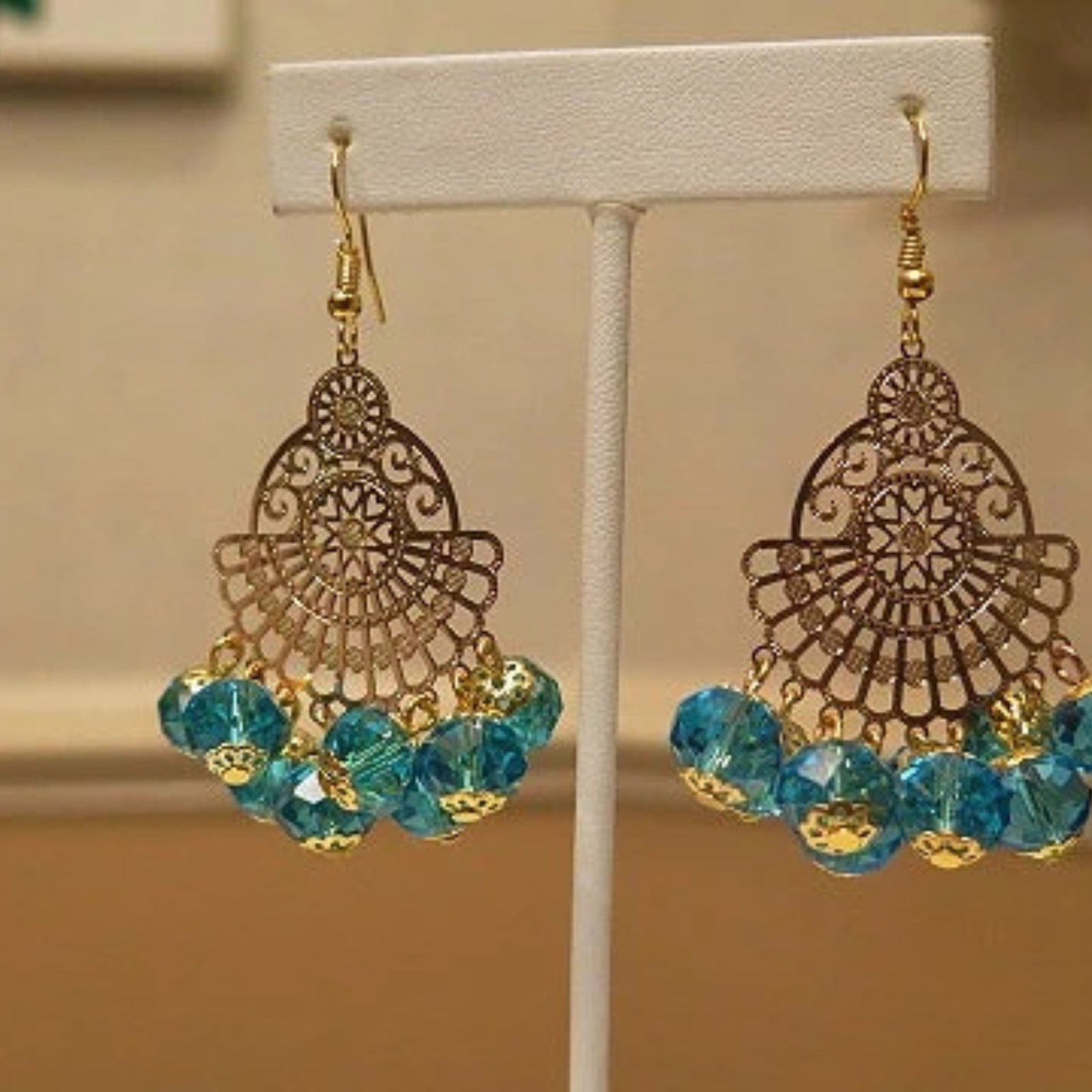 Handmade Aqua Blue Filigree Statement Dangle Earrings Gold Tone Boho Women